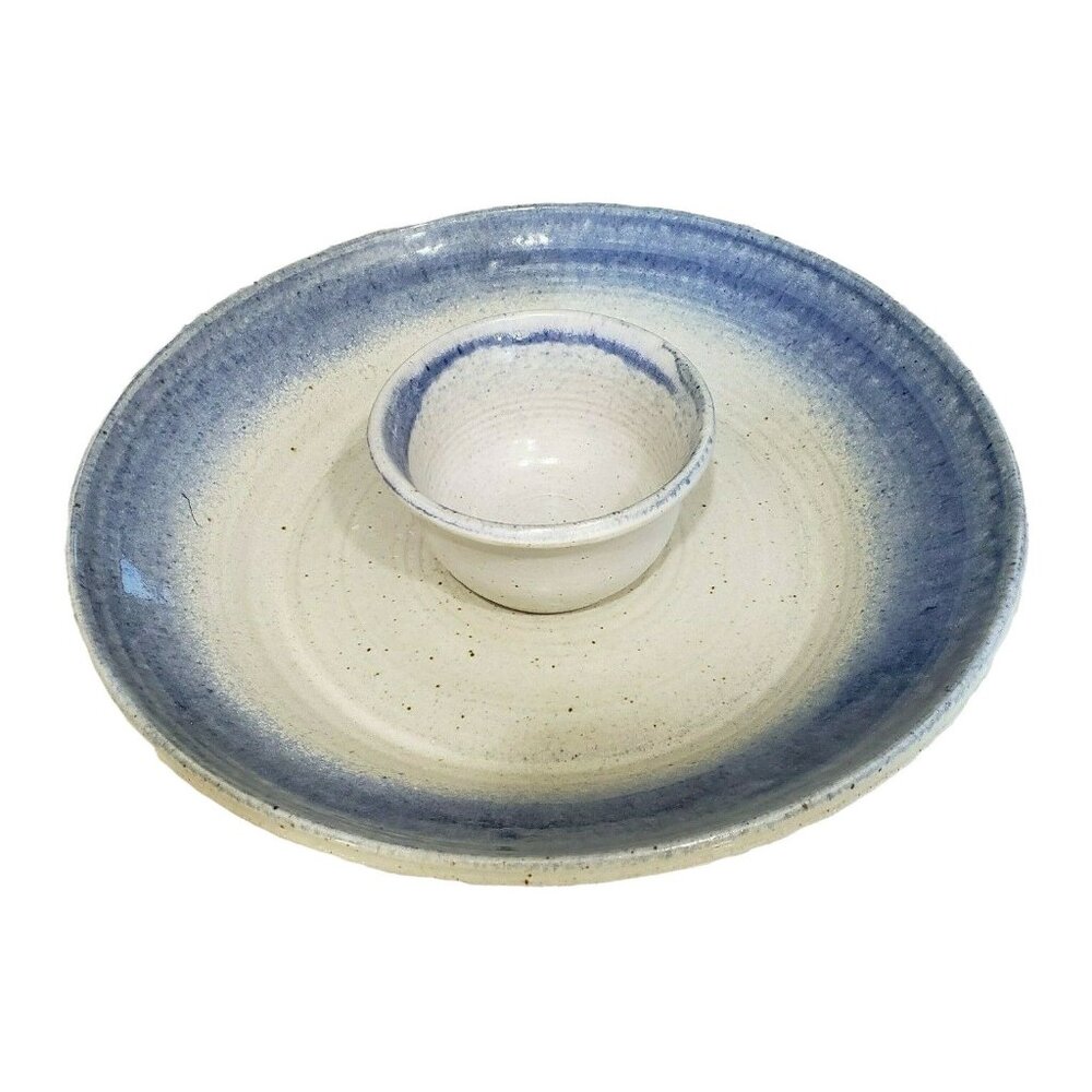 Vintage Milligan RP Pottery Stoneware Serving Chip and Dip Bowl Set Blue Speckle